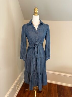 Current Air Blue Denim Maxi Shirt Dress with Tie Waist